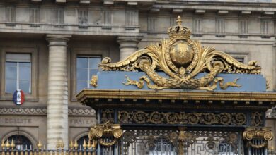 Ornate golden gate with classical building background